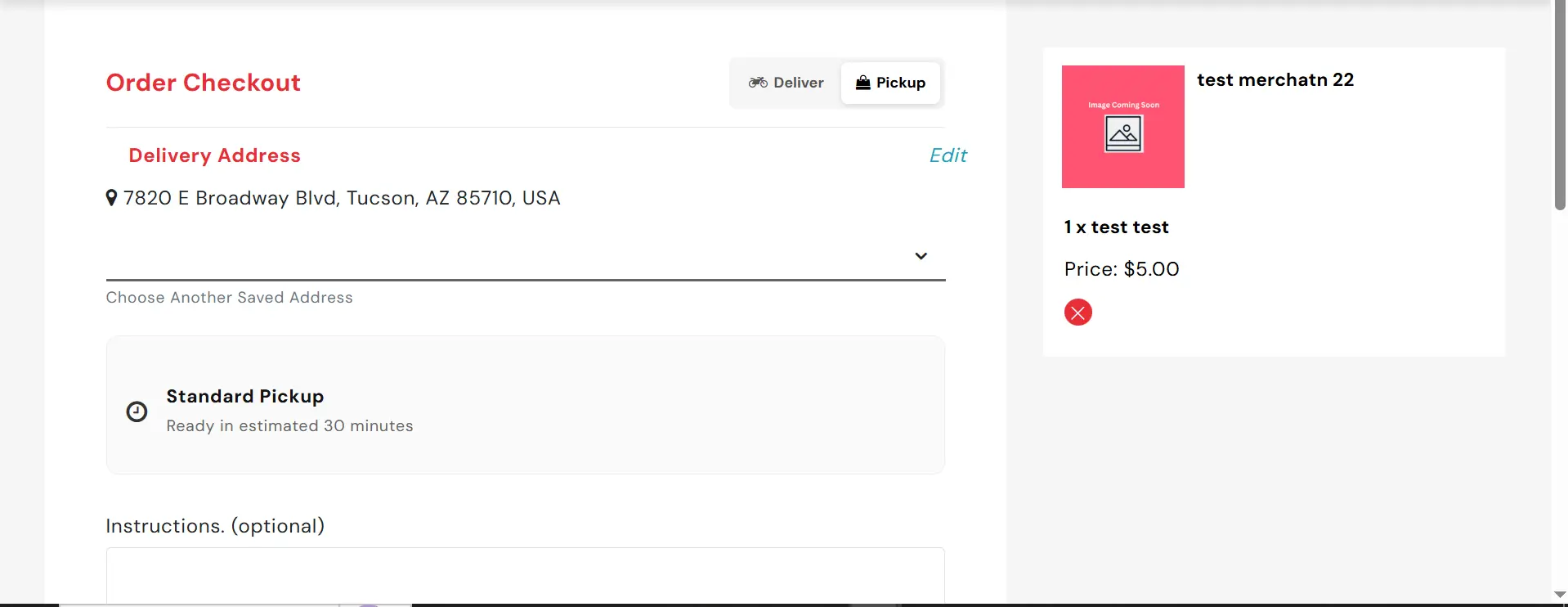 Order checkout with delivery and item details