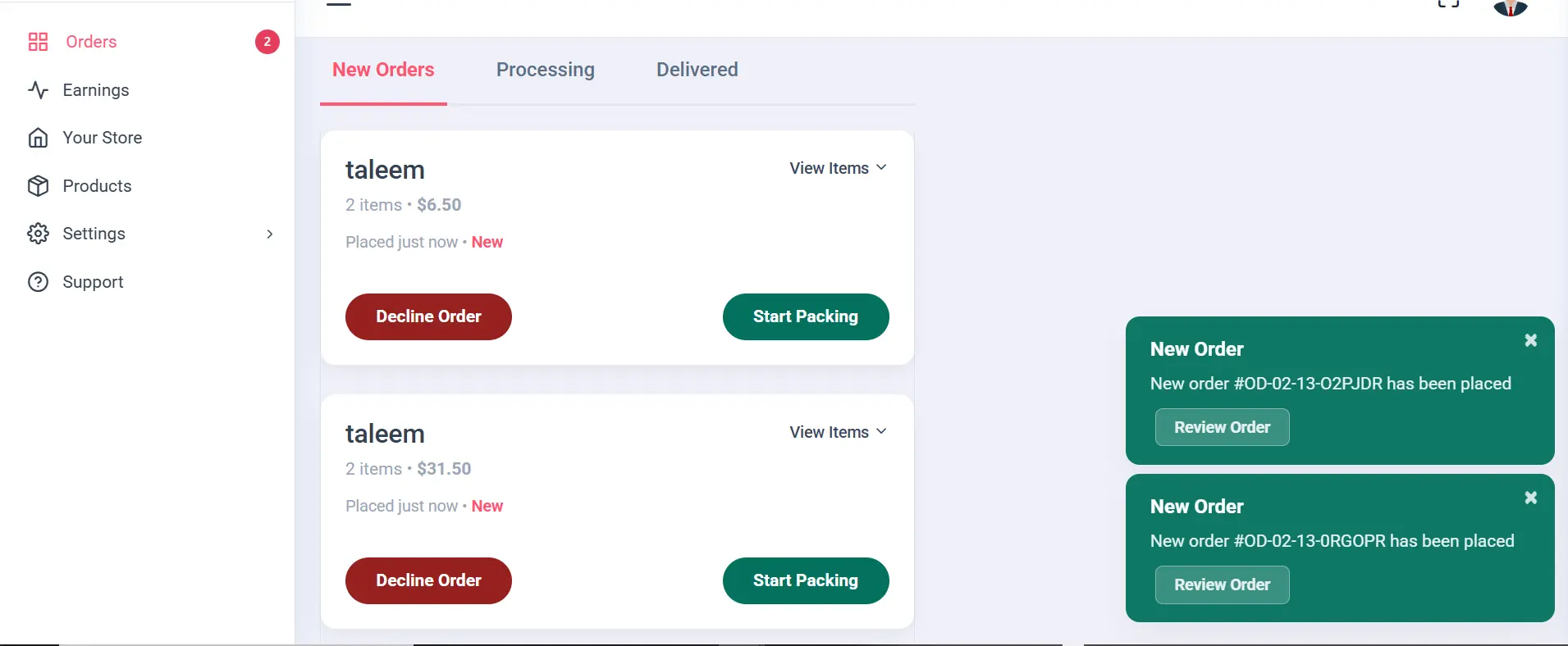 Merchant panel dashboard showing active orders and revenue summary