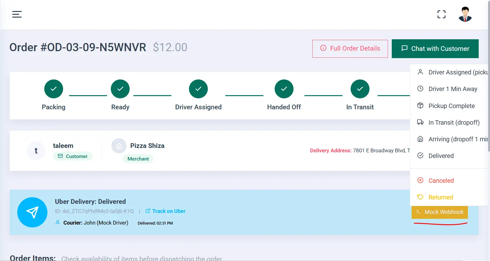 Merchant order management interface with order status controls