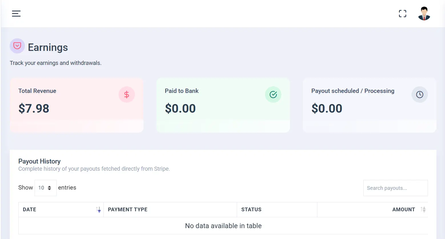 Merchant Panel showing his revenue, payouts