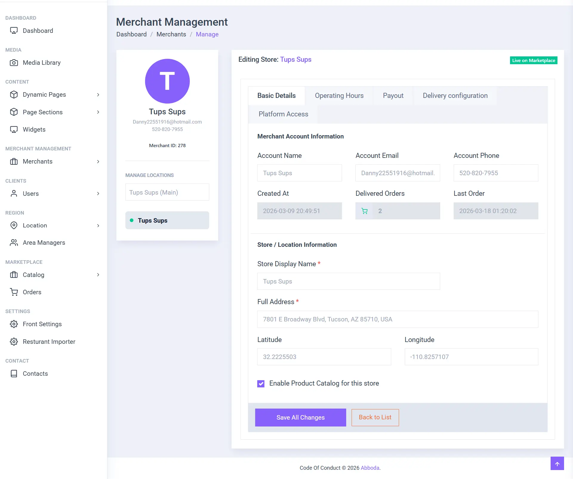 Admin restaurant management page with approval and listing controls