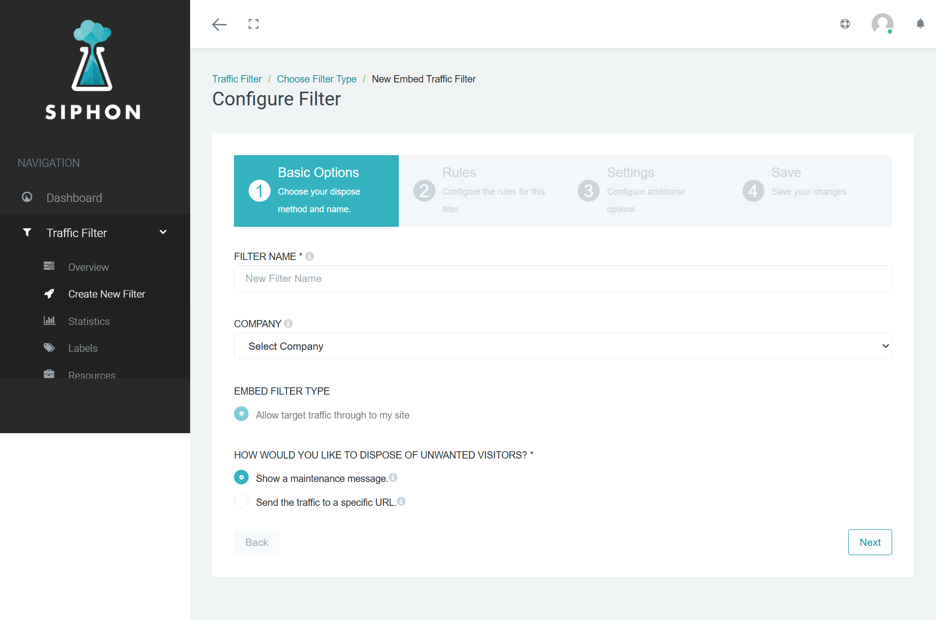 Basic traffic filter setup with company and unwanted visitor options