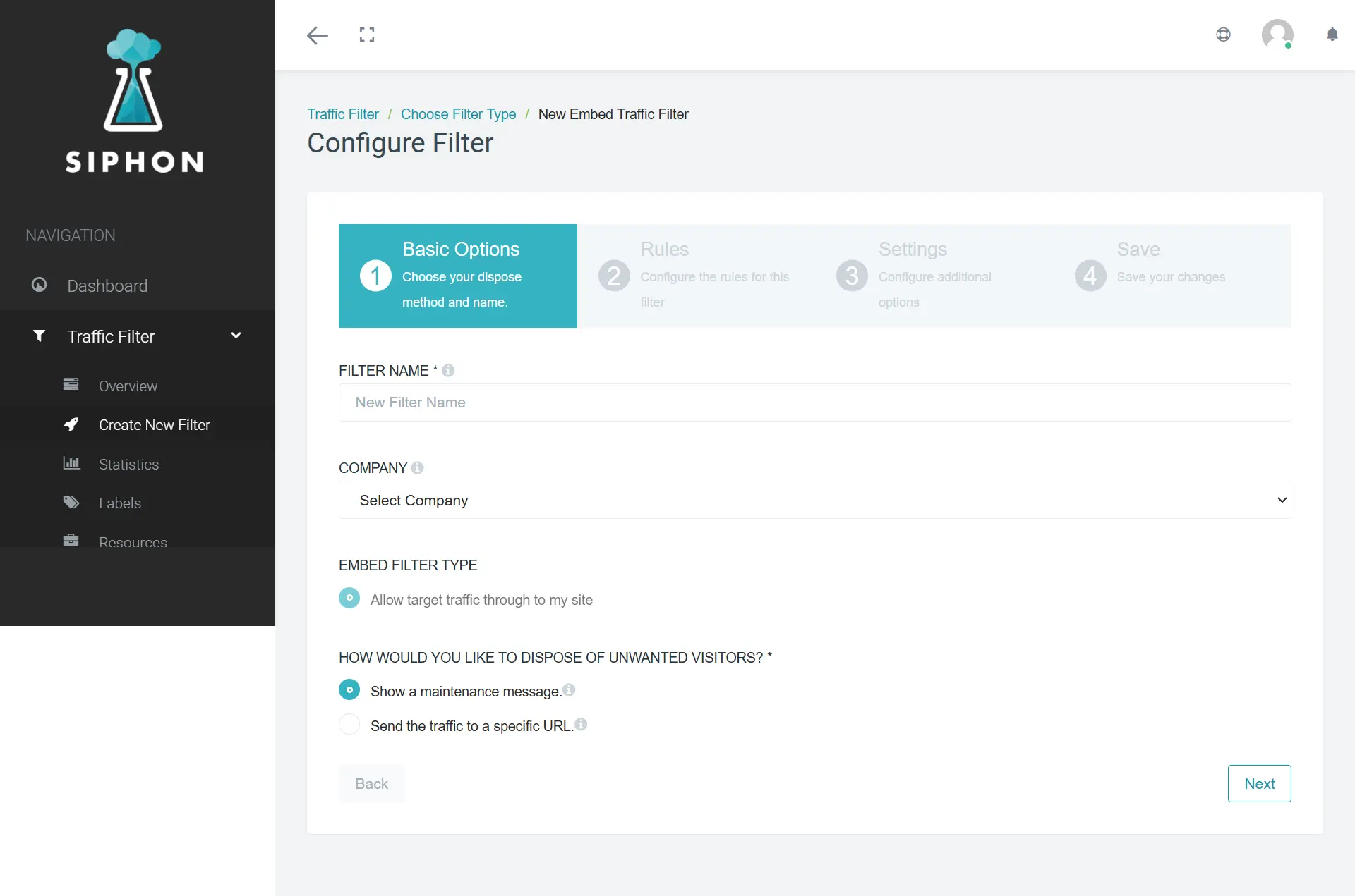 Basic traffic filter setup with company and unwanted visitor options