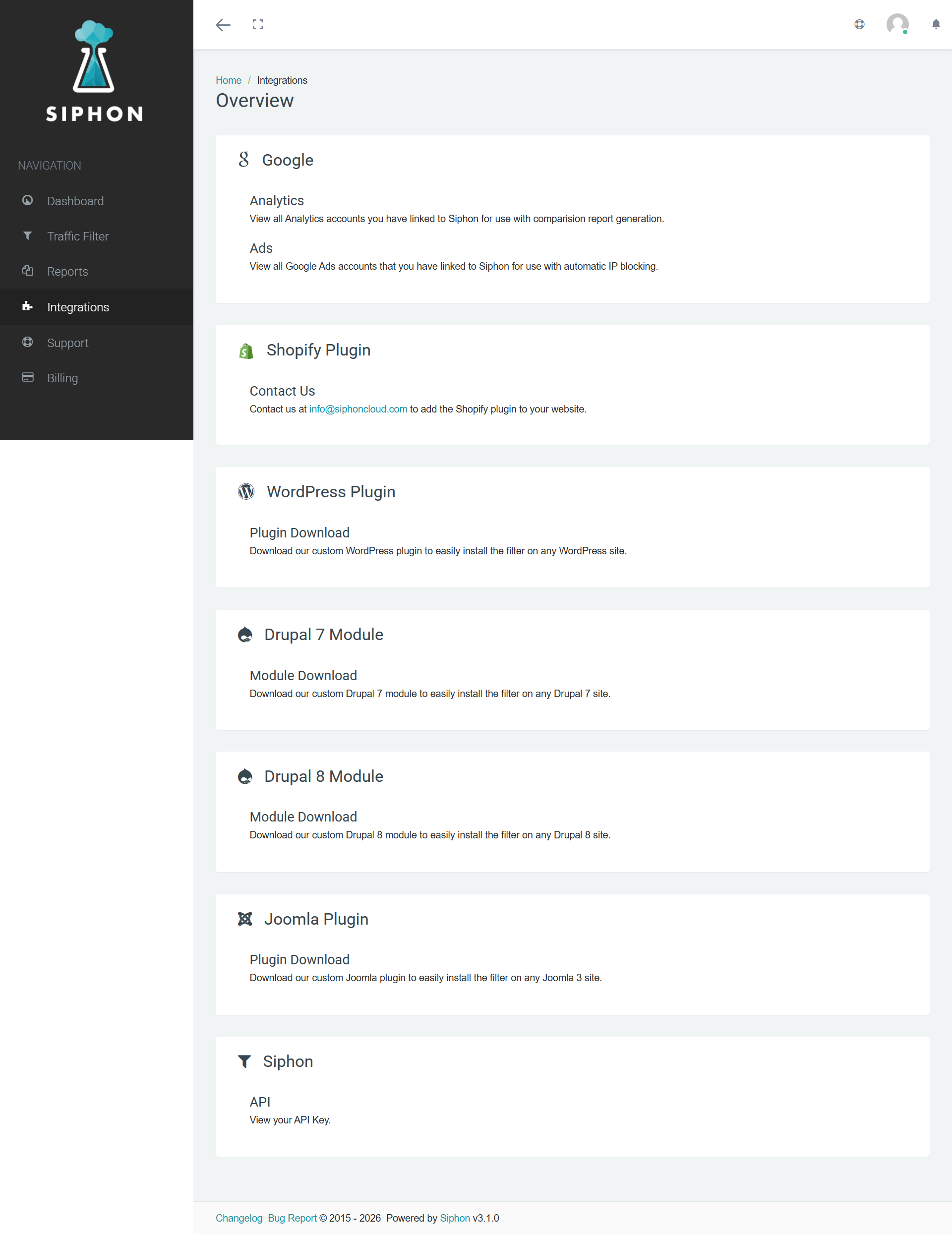 Siphon integrations for Google, Shopify, WordPress, Drupal, Joomla, and API