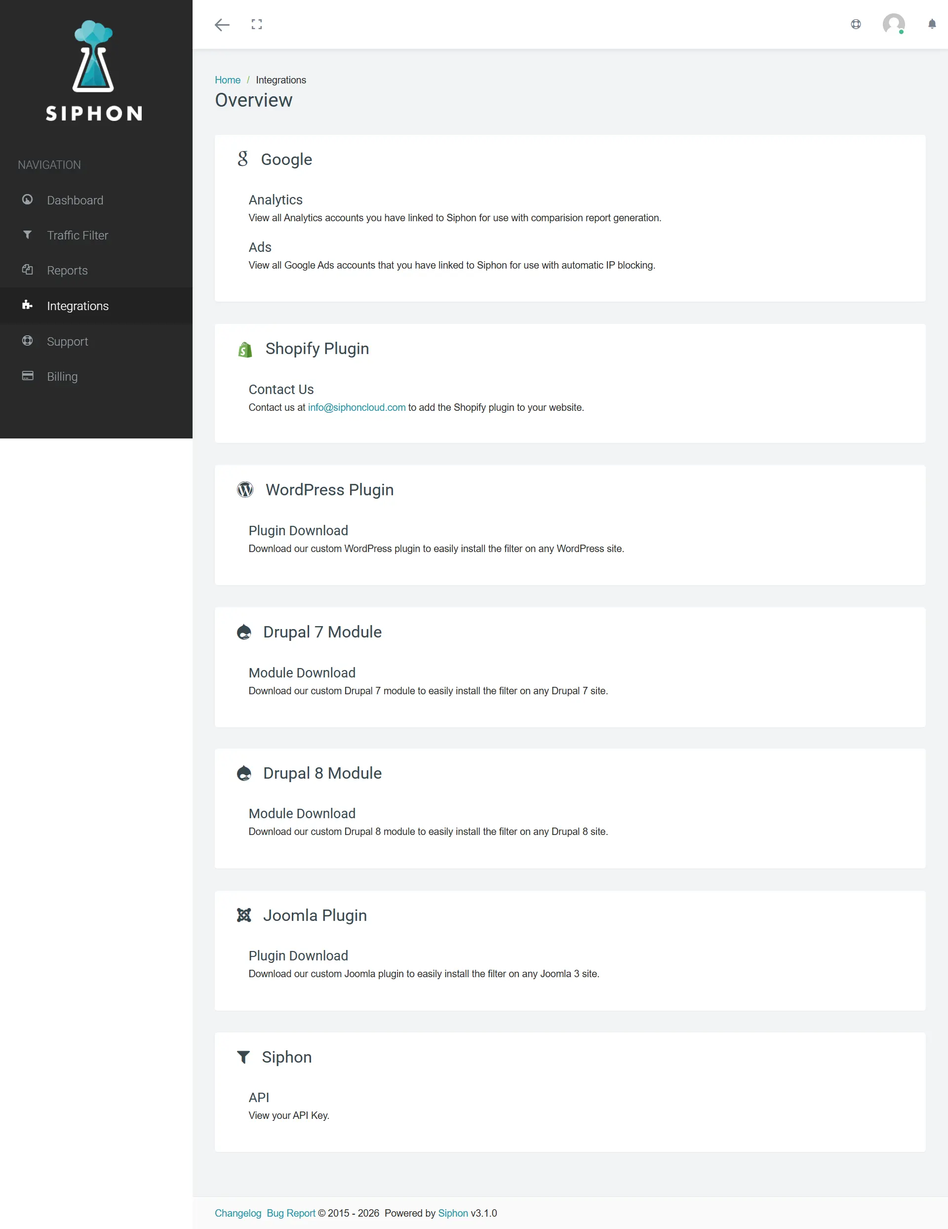 Siphon integrations for Google, Shopify, WordPress, Drupal, Joomla, and API