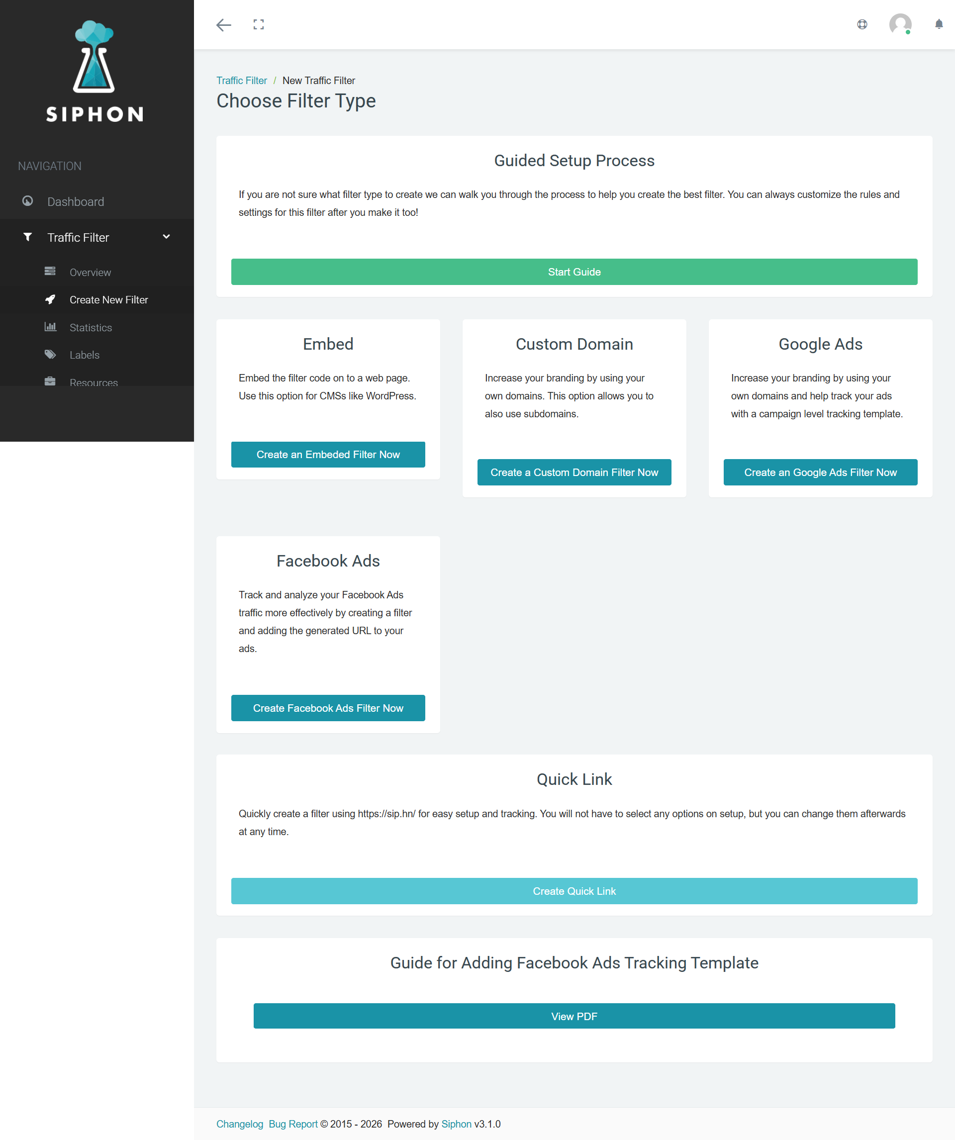 Traffic filter type selection for websites and advertising campaigns