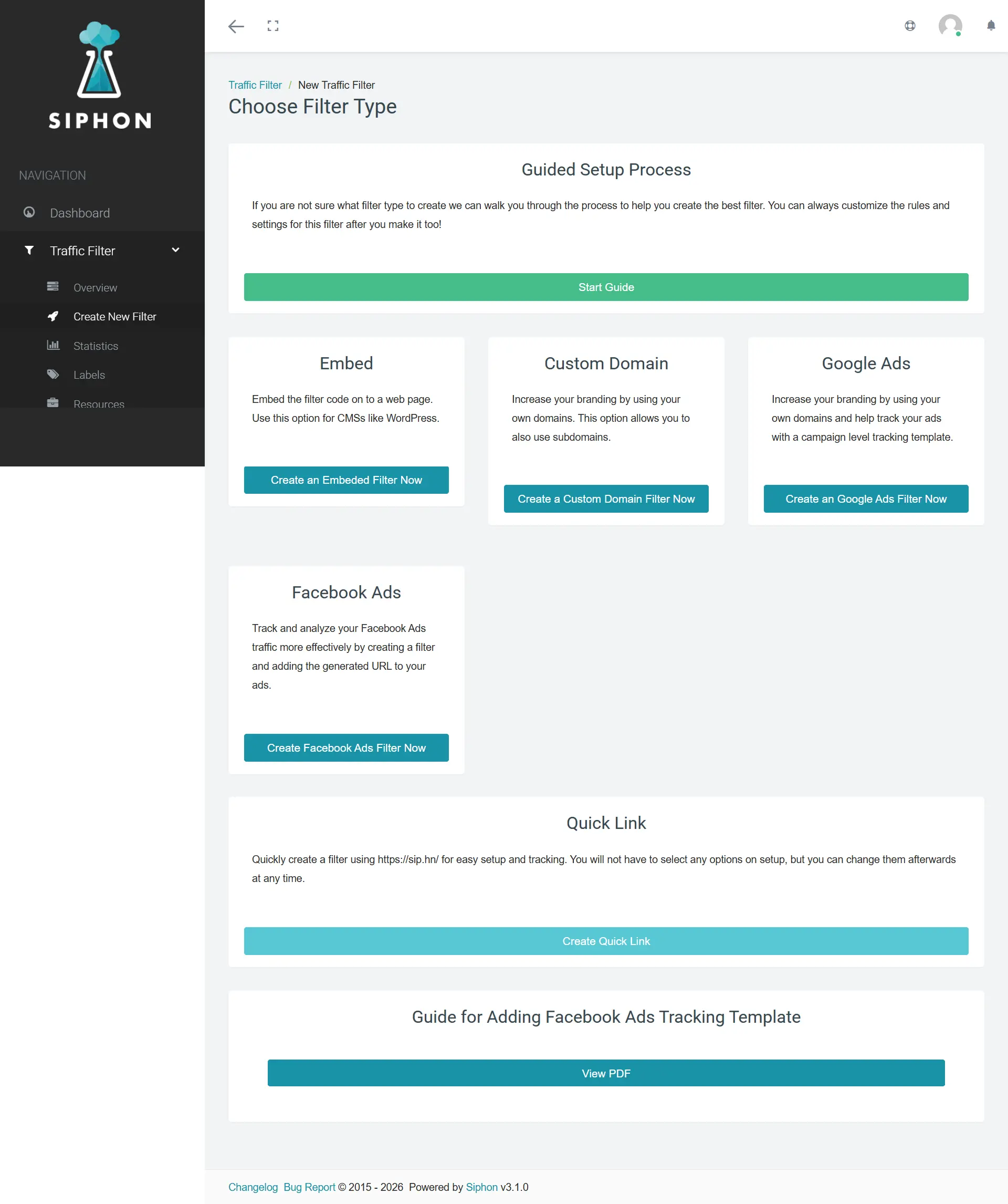 Traffic filter type selection for websites and advertising campaigns
